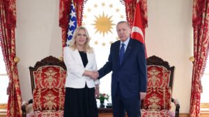 President Recep Tayyip Erdoğan (R) receives Bosnia-Herzegovina's Presidential Council Chairperson Zeljka Cvijanovic at the Dolmabahçe Palace in Istanbul, Türkiye, March 22, 2025. (AA Photo)