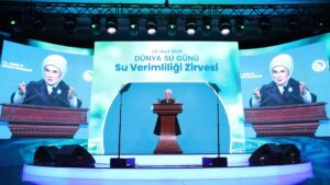 First lady Emine Erdoğan delivers a speech at the World Water Day: Water Efficiency Summit, Istanbul, Türkiye, March 22, 2025. (AA Photo)