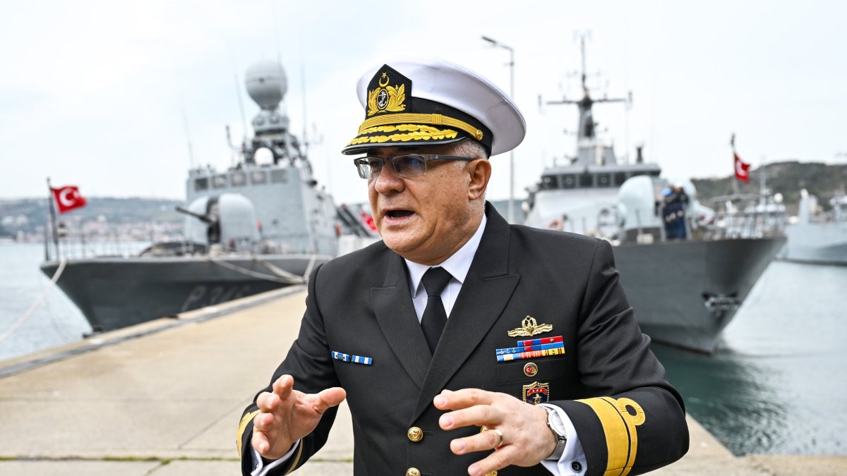 Rear Adm. Selçuk Akari, who leads the straits command is seen speaking to reporters, Istanbul, Türkiye, March 24, 2025 (AA Photo)
