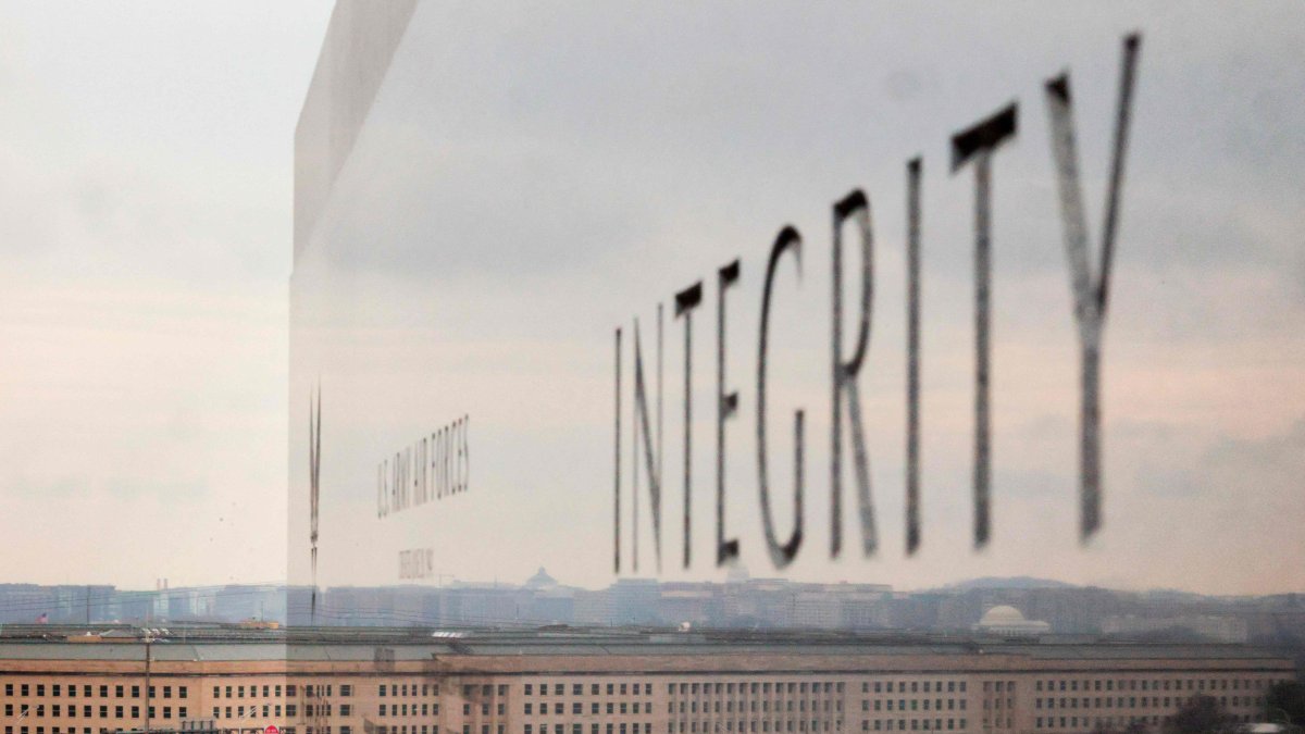 The Pentagon is seen reflected on a polished wall at the U.S. Air Force Memorial, in Arlington, Virginia, U.S., March 24, 2025. (AFP Photo)