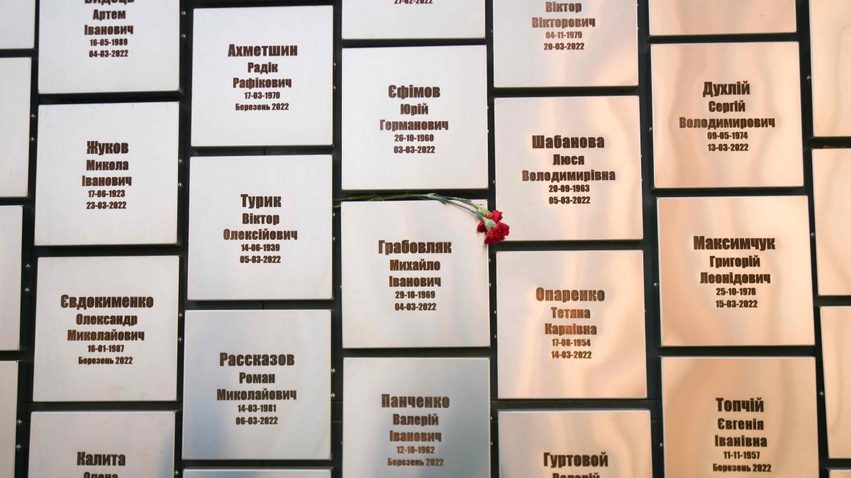 The Wall of Remembrance memorial in the churchyard of St. Andrew's Church in Bucha, Ukraine, March 6, 2025. (AFP Photo)