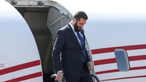 Syrian interim President Ahmed al-Sharaa disembarks from the airplane upon his arrival, Amman, Jordan, Feb. 26, 2025. (Reuters Photo)