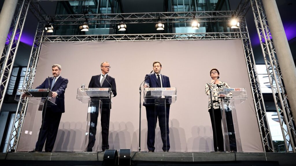 State Premier of Bavaria Markus Soeder, Chairman of the CDU party and faction Friedrich Merz, SPD co-chairman Lars Klingbeil and SPD co-chairwoman Saskia Esken attend a news conference to present the joint coalition agreement in the German Bundestag, in Berlin, Germany, April 9, 2025. (EPA Photo)