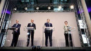 State Premier of Bavaria Markus Soeder, Chairman of the CDU party and faction Friedrich Merz, SPD co-chairman Lars Klingbeil and SPD co-chairwoman Saskia Esken attend a news conference to present the joint coalition agreement in the German Bundestag, in Berlin, Germany, April 9, 2025. (EPA Photo)
