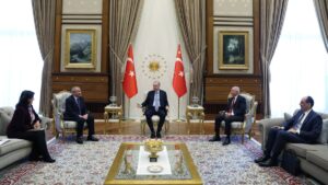 President Recep Tayyip Erdoğan meets with Peoples' Equality and Democracy Party’s (DEM Party) Sırrı Süreyya Önder and Pervin Buldan at the Presidential Complex, Ankara, Türkiye, April 10, 2025. (AA Photo)
