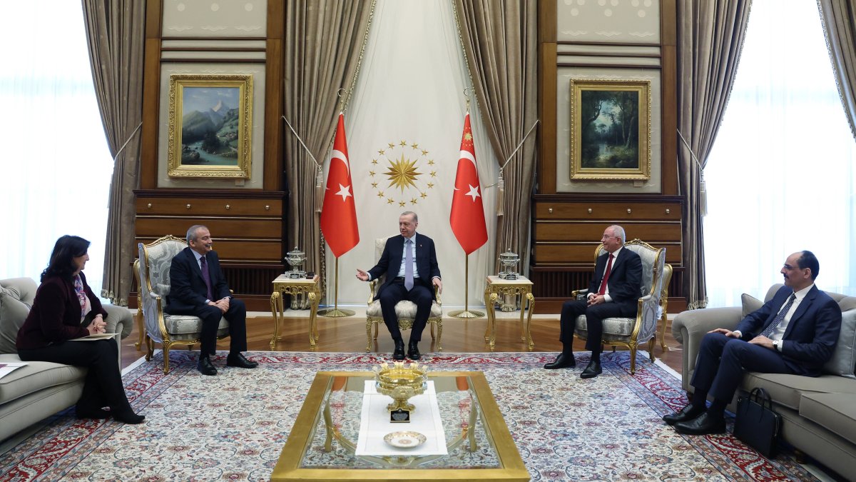 President Recep Tayyip Erdoğan meets with Peoples' Equality and Democracy Party’s (DEM Party) Sırrı Süreyya Önder and Pervin Buldan at the Presidential Complex, Ankara, Türkiye, April 10, 2025. (AA Photo)