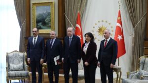 President Recep Tayyip Erdoğan meets with Peoples' Equality and Democracy Party’s (DEM Party) Sırrı Süreyya Önder and Pervin Buldan at the Presidential Complex, Ankara, Türkiye, April 10, 2025 (AA Photo)