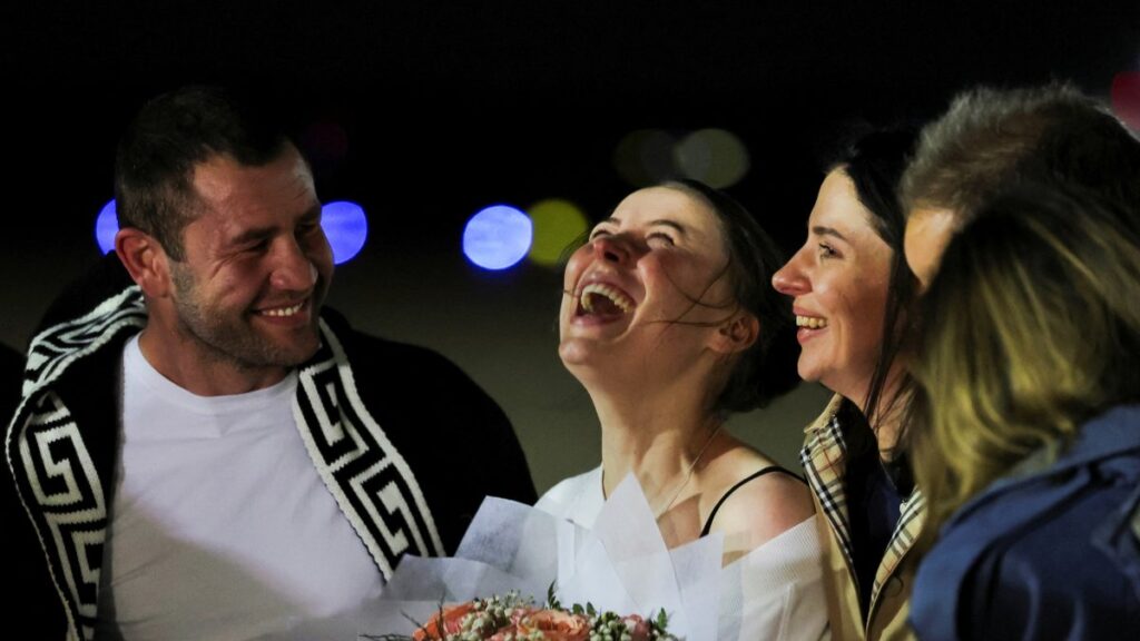 Ksenia Karelina, a Russian American dual citizen who was released from detention in Russia, reacts as she arrives at Joint Base Andrews, Maryland, U.S., April 10, 2025. (Reuters Photo)
