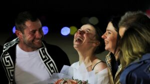 Ksenia Karelina, a Russian American dual citizen who was released from detention in Russia, reacts as she arrives at Joint Base Andrews, Maryland, U.S., April 10, 2025. (Reuters Photo)