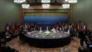 Foreign Minister Hakan Fidan (C) is seen during a meeting with the Gaza contact group at a hotel in the southern Antalya province, Türkiye, April 11, 2025 (AA Photo)