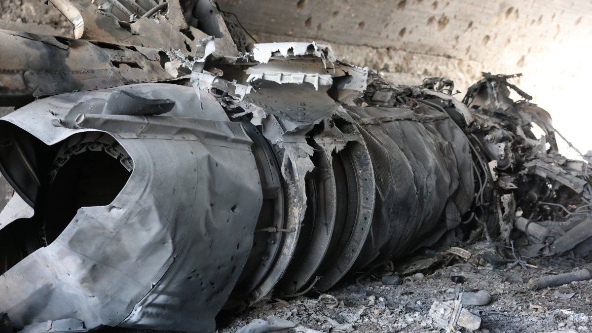 Destruction in a hangar after Israeli airstrikes targeted Hama military airport, Hama, Syria, April 3, 2025. (EPA Photo)