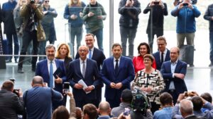 Germany's chancellor-in-waiting and leader of the Christian Democratic Union party (CDU) Friedrich Merz, the Christian Social Union (CSU) leader and Bavarian premier, and the co-leaders of the Social Democratic party (SPD) at a press conference after agreeing on their coalition government, Berlin, Germany, April 9, 2025. (Reuters Photo)