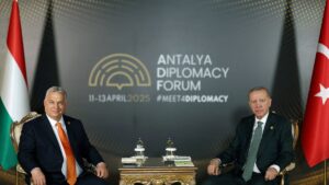 President Tayyip Erdoğan meets with Hungarian Prime Minister Victor Orban at Antalya Diplomacy Forum in Antalya, April 11, 2025. (Handout via Reuters)