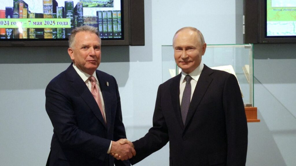 Russian President Vladimir Putin shakes hands with U.S. President Donald Trump's special envoy Steve Witkoff during a meeting in Saint Petersburg, Russia April 11, 2025. (Sputnik/Gavriil Grigorov/Pool via Reuters)