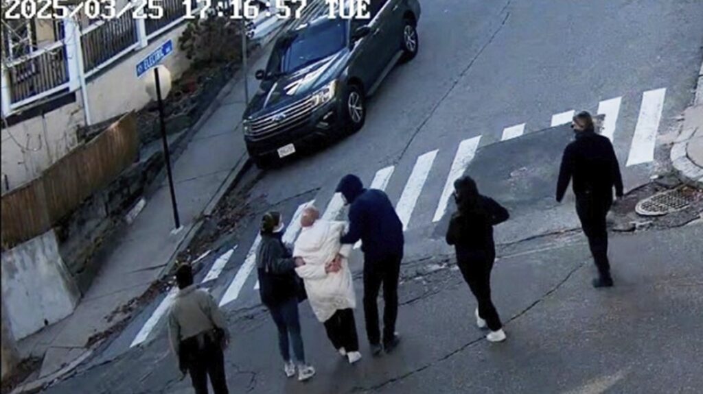 In this image taken from security camera video, Rümeysa Öztürk, a 30-year-old doctoral student at Tufts University, is detained by Department of Homeland Security agents on a street in Sommerville, Mass., U.S., March 25, 2025. (AP Photo)