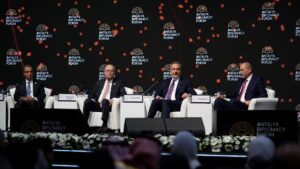 Turkish Foreign Minister Hakan Fidan (2nd R), Palestinian Foreign Minister Mohammad Mustafa (2nd L), Jordanian Foreign Minister Ayman Safadi (R) attend the panel on "Gaza/Palestine's Future" on the sidelines of the Antalya Diplomacy Forum, southern Antalya province, Türkiye, April 11, 2025. (AA Photo)