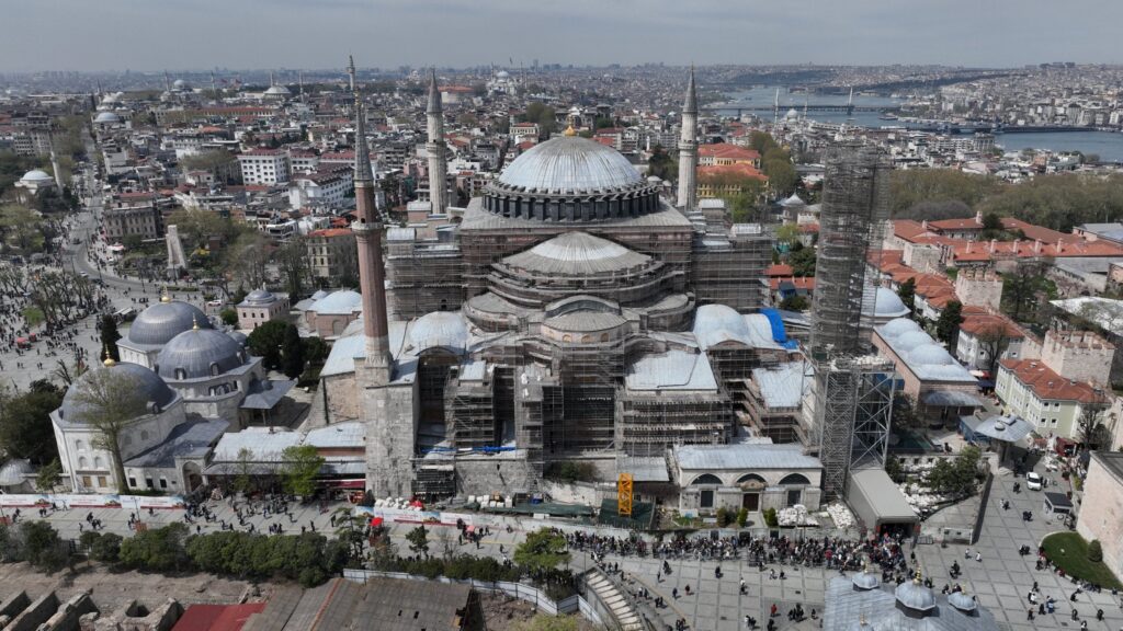 An aerial view shows the ongoing restoration work at the Hagia Sophia Grand Mosque, Istanbul, Türkiye, April 14, 2025. (AA Photo)