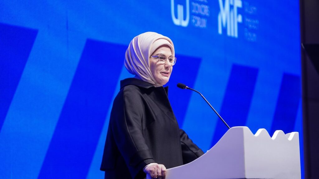First lady Emine Erdoğan delivers a speech during the 3rd Global Donors Forum, Istanbul, Türkiye, April 14, 2025. (AA Photo)