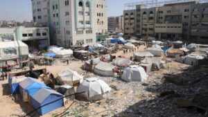 A partial view shows tents housing displaced Palestinians on the campus of the Islamic University in Gaza City, April 16, 2025. (AFP Photo)