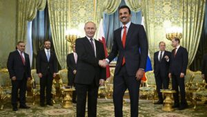 Russian President Vladimir Putin (L) shakes hands with Qatar's Emir Sheikh Tamim bin Hamad Al Thani during their meeting at the Kremlin in Moscow, Russia, April 17, 2025. (EPA Photo)
