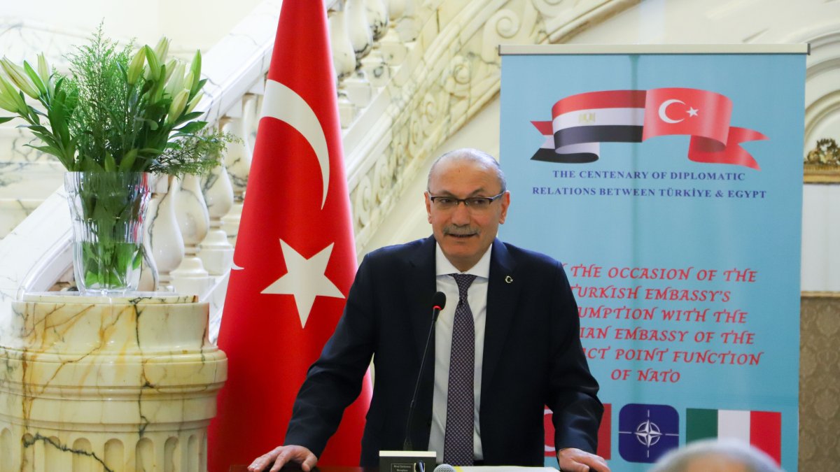 Türkiye’s Ambassador to Cairo, Salih Mutlu Şen, speaks at NATO's Mission: Its Past, Present, and Partnership with Egypt in Cairo, April 18, 2025. (AA Photo)