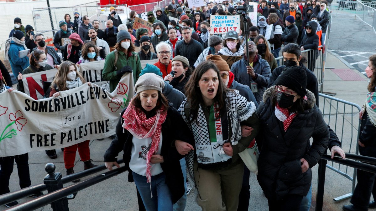 Demonstrators take part in a rally in support of Rümeysa Öztürk, in Somerville, Massachusetts, U.S., March 27, 2025. (Reuters Photo)