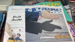 A copy of the Iranian daily newspaper Hamshahri, with the headline "Trap of Straight Negotiations," reporting about Iran and U.S. nuclear talks, in a kiosk in Tehran, Iran, April 19, 2025. (EPA Photo)