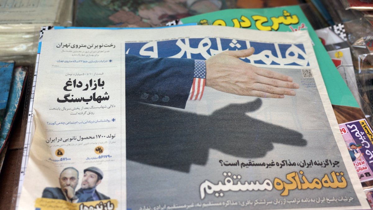 A copy of the Iranian daily newspaper Hamshahri, with the headline "Trap of Straight Negotiations," reporting about Iran and U.S. nuclear talks, in a kiosk in Tehran, Iran, April 19, 2025. (EPA Photo)