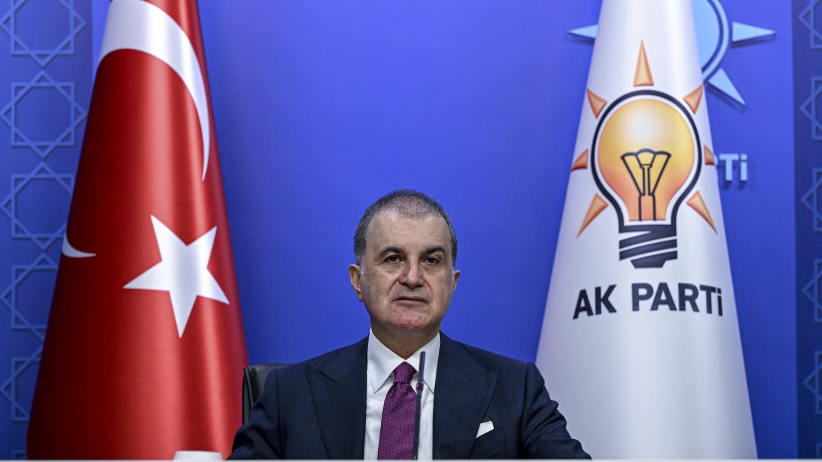 AK Party spokesman Ömer Çelik speaks to reporters at the party headquarters in Ankara, April 21, 2025. (AA Photo)