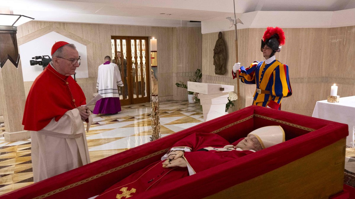 Pope Francis in his open coffin in the Vatican, April 21, 2025. (AFP Photo)