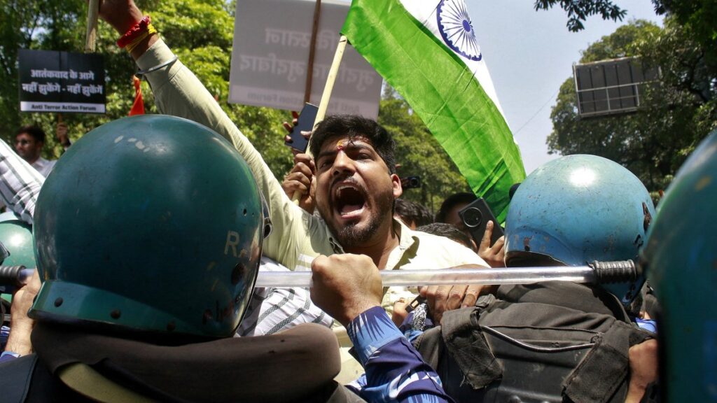A demonstrator shouts slogans during a protest against the attack on tourists in Kashmir, near the Pakistan High Commission in New Delhi, India, April 24, 2025. (Reuters Photo)