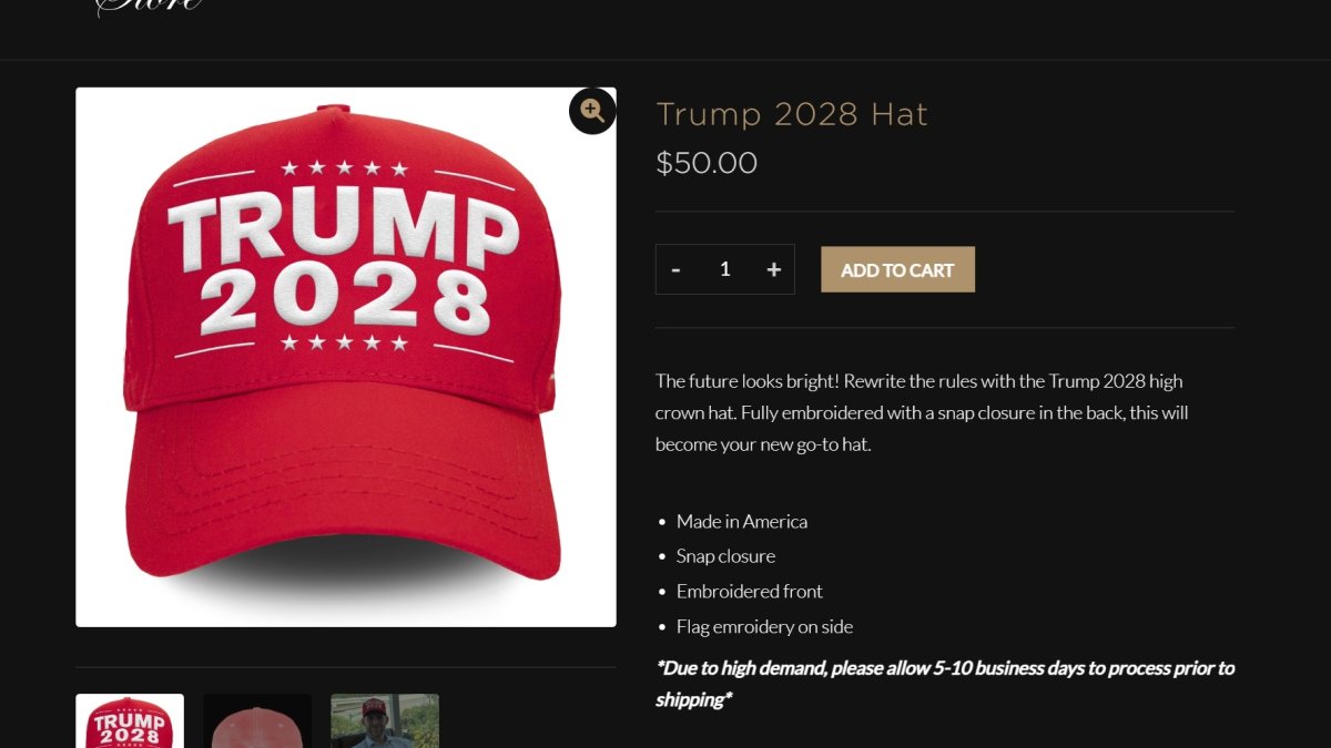 This screenshot shows a "Trump 2028" hat on Donald Trump's online store, April 24, 2025.