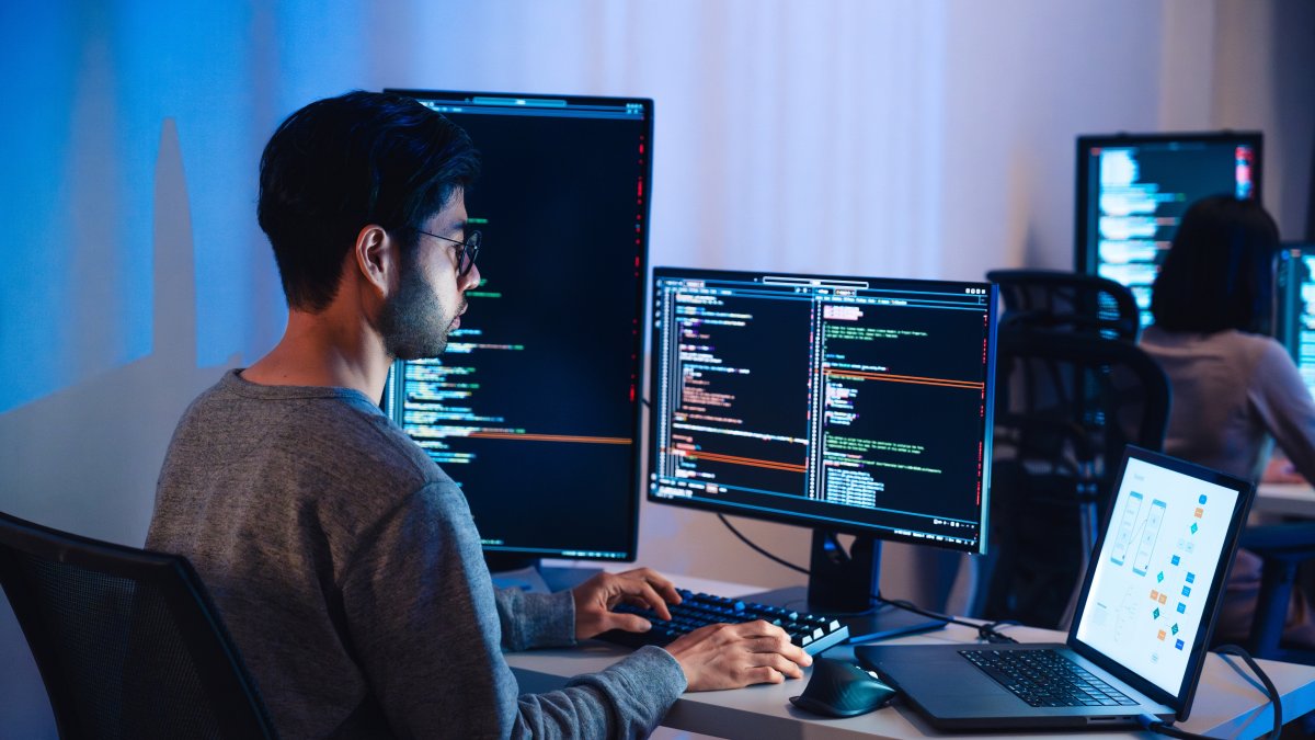 A software developer works on multiple screens displaying code and application diagrams. (Shutterstock File Photo)