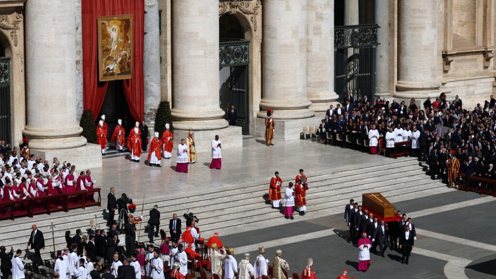 The coffin of Pope Francis is carried during the funeral Mass of Pope Francis in St. Peter's Square at the Vatican, April 26, 2025. (Reuters Photo)
