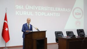 Council of Higher Education President Erol Özvar delivers a speech at the 261st Inter-University Council Meeting held at YÖK presidency, Ankara, Türkiye, April 29, 2025. (AA Photo)