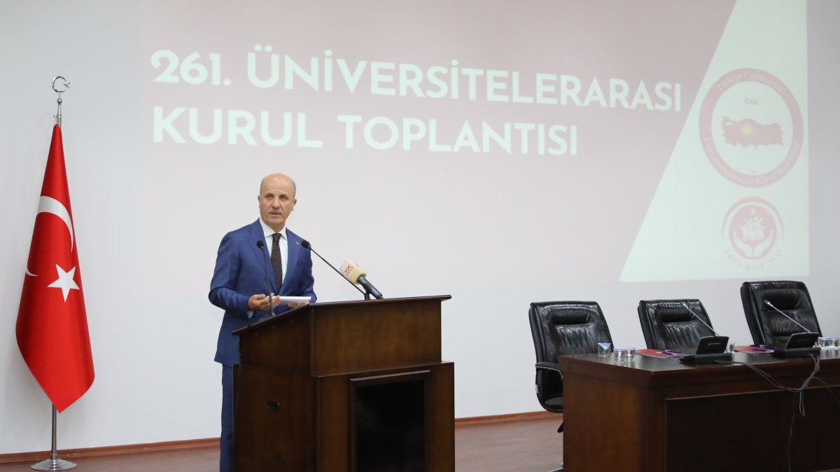 Council of Higher Education President Erol Özvar delivers a speech at the 261st Inter-University Council Meeting held at YÖK presidency, Ankara, Türkiye, April 29, 2025. (AA Photo)