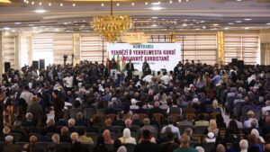 Participants attend the Unity of the Kurdish Position and Ranks Conference, Qamishli, Syria, April 26, 2025. (Reuters Photo)