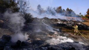 An Israeli firefighter extinguishes a forest fire near Latrun Monastery in central Israel, May 1, 2025. (AFP Photo)