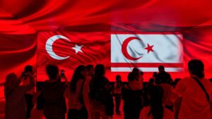 The flags of Türkiye and the Turkish Republic of Northern Cyprus (TRNC) are seen side by side during an exhibition at Teknofest, Lefkoşa (Nicosia), TRNC, May 2, 2025. (AA Photo)