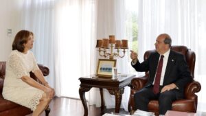 Turkish Republic of Northern Cyprus (TRNC) President Ersin Tatar hosts U.N. representative Maria Angela Holguin Cuellar at the presidential office in Lefkoşa (Nicosia), TRNC, May 8, 2024. (AA Photo)