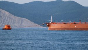 The crude oil tanker Aegean Myth is moored to a single point mooring (SPM) at the Caspian Pipeline Consortium's Marine Terminal in Yuzhnaya Ozereevka near the Black Sea port of Novorossiysk, Russia, July 31, 2021. (Reuters Photo)