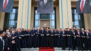 President Recep Tayyip Erdoğan cuts the ribbon as he inaugurates the new presidential complex of the Turkish Republic of Northern Cyprus’ (TRNC), in the capital, Lefkoşa (Nicosia), TRNC, May 3, 2025. (AA Photo)