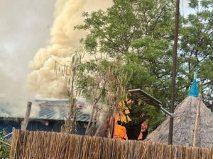 A fire burns following an aerial bombardment that resulted in casualties at the medical charity Medecins Sans Frontieres run facility, destroying the last remaining hospital and pharmacy in the northern town of Old Fangak, Fangak county, South Sudan, May 3, 2025. (Reuters Photo)