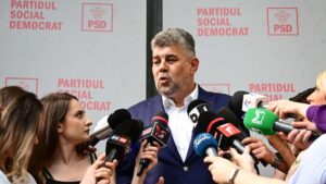 Romanian Prime Minister and President of the Social-Democrat (PSD) ruling party Marcel Ciolacu delivers a press statement as he arrives at the party's headquarters to take part in a meeting to analyze the results of the first round of the presidential elections in Bucharest, Romania, May 5, 2025. (AFP Photo)