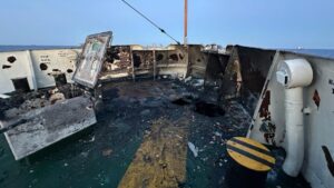 The Gaza-bound humanitarian ship Conscience is damaged after a drone attack in international waters off Malta, May 5, 2025. (AA Photo)