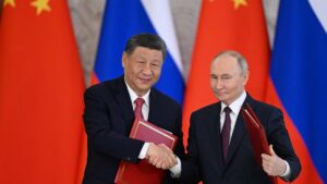 Russian President Vladimir Putin and his Chinese counterpart Xi Jinping shake hands at the Kremlin, Moscow, Russia, May 8, 2025. (AFP Photo)
