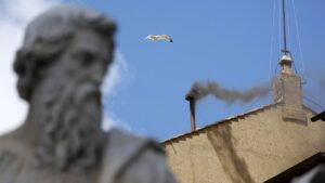 Black smoke comes out of the chimney atop the Sistine Chapel next to St. Peter's Basilica on the second day of the conclave to elect a new pope in Vatican City, May 8, 2025. (EPA Photo)