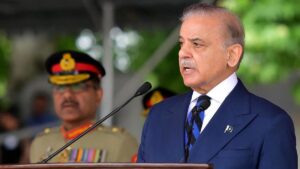 Pakistan's Prime Minister Shehbaz Sharif (R) speaks while attending a passing out parade at the Pakistan Military Academy (PMA) Kakul, in Abbottabad, Pakistan, April 26, 2025. (AFP Photo)