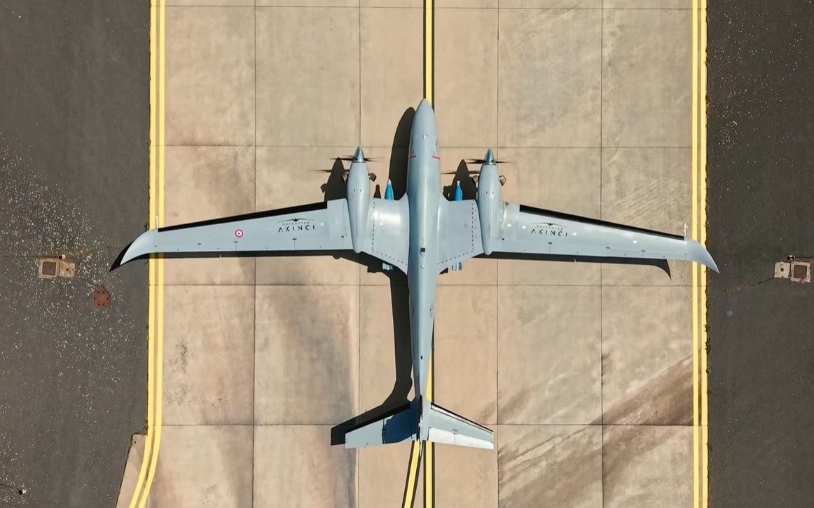 An aerial view of the Bayraktar Akıncı drone at an undisclosed location, May 8, 2025. (IHA Photo)