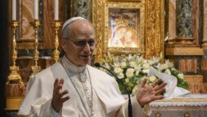 Pope Leo XIV speaks during a visit to the Sanctuary of the Mother of Good Counsel in Genazzano, Rome, Italy, May 10, 2025. (EPA Photo)